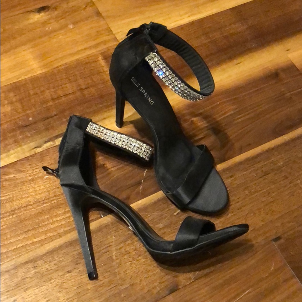 Bejeweled bling ankle strap black stiletto heels